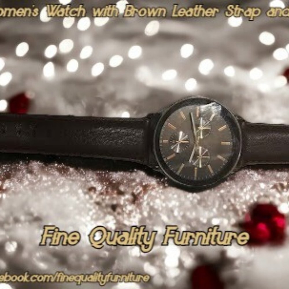 Elegant Women's Watch with Brown Leather Strap and Black Dial